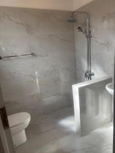 a white bathroom with a shower and a toilet at The Hill Cliff Bunglow in Nuwara Eliya