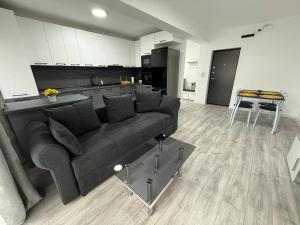 a living room with a couch and a kitchen at Serenity retreats VRT in Şelimbăr