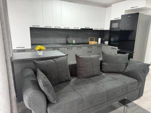 a living room with a couch in a kitchen at Serenity retreats VRT in Şelimbăr