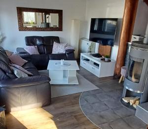 a living room with a couch and a fireplace at Ferienhaus 30 am Silbersee mit Badezuber in Frielendorf