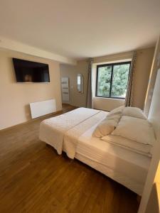 a bedroom with a large bed and a window at Gîte du Château de Treffort in Treffort