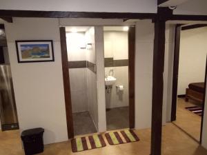 a bathroom with a shower and a sink in a room at El Nido downtown apartment in El Nido