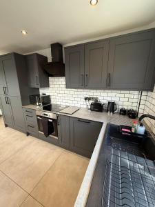 a large kitchen with gray cabinets and appliances at The Ivy on Adelaide in Belfast