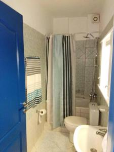 a bathroom with a toilet and a shower and a sink at Arillas view 2 in Kefalári +8 photos