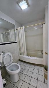 a bathroom with a toilet and a shower at Budget Inn in Williamsburg