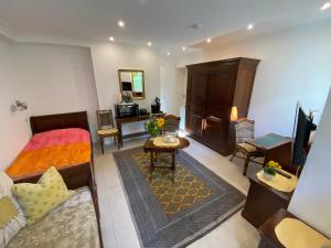 a living room with a bed and a couch and a television at Charmantes Einzelzimmer in Odenthal