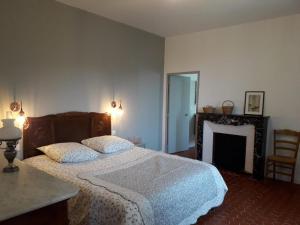 une chambre avec un grand lit et une cheminée dans l'établissement Au pied de la montagne, à Lioux