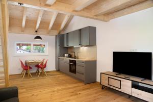 a kitchen with a television and a table with chairs at Apartment Alte Mühle in Scharnitz