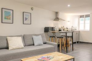 ein Wohnzimmer mit Couch und Küche in der Unterkunft Le Siméon - T2 plein pied, cosy, au cœur de la zone piétonne in Vienne + 13 Fotos