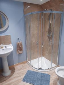 a bathroom with a shower with a sink and a toilet at A Stylish Country Retreat! in Keilour