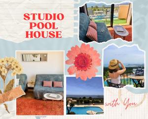 uma colagem de fotos de uma casa de piscina de estúdio em STUDIO POOL HOUSE MDT 2 ETOILES VUE MER PANORAMIQUE AMAZING SEA VIEW WIFI LINGE LINEN INCLUT AIRCONDITIOn em La Croix-Valmer