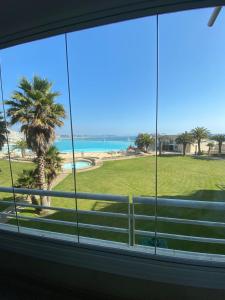 uma janela com vista para a praia e para a palmeira em San Alfonso del Mar em Algarrobo