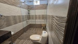 Un baño con inodoro y ducha de cristal. en Two bedroom furnished apartment in Main Shahrah e Faisal Karachi, en Karachi