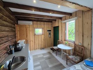 a kitchen with a sink and a table in a room at Karikakra Holiday in Pärnu