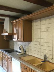 a kitchen with wooden cabinets and a counter top at Bienvenue en Alsace in Huttenheim +80 photos