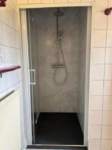 a shower in a bathroom with a glass door at Maison charmante à Girmont-Val-d'Ajol avec vue sur la montagne in Girmont-Val-dʼAjol +9 photos