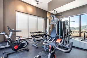 Un gimnasio con cintas de correr y elípticas en una habitación con ventanas. en Best Location in Cabo Marina Private Rooftop Sleeps 8, en Cabo San Lucas 24 fotos más