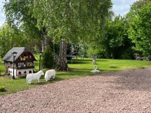 two fake sheep standing in front of a small house at Hotel Hirsch Fluorn Schwarzwald in Fluorn