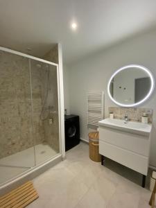 Un baño con ducha, lavabo y espejo. en Les Gites de Saint Thierry, en Reims 11 fotos más