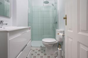 a bathroom with a shower and a toilet and a sink at Casa do Sol da Granja in São Félix da Marinha