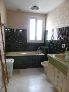 a bathroom with a tub and a toilet and a sink at Charmante Mancelle à louer pour évènement circuit 24h in Le Mans