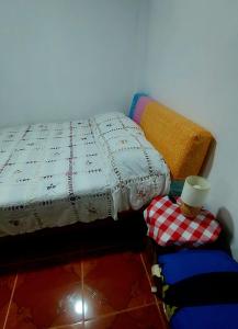 萨兰托Un Café en el camino Guest House的卧室里有一张床，床上有一条毯子