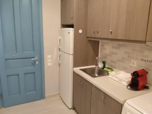 a kitchen with a white refrigerator and a sink at Andros Guesthouses in Andros