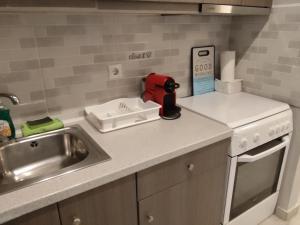 a kitchen counter top with a sink and a kitchen counter sidx sidx sidx at Andros Guesthouses in Andros