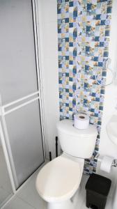 een badkamer met een toilet en een douche bij Coconut Beach lodge in San Andrés