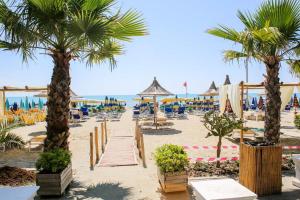 Una playa con palmeras y sillas y el océano. en Apartments Bella Vista Durres, en Durrës