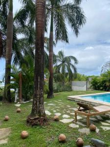 un tavolo da picnic accanto a una piscina con palme di Ocean Loft - Surf & Serenity Retreat a Los Destiladeros