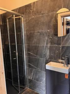 a bathroom with a shower and a sink at Rushbrooke cottages in Edenderry +6 photos