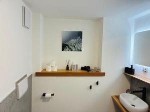 un bagno con lavandino e servizi igienici a parete di Haus Lasaun a Bressanone
