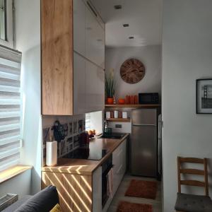 a kitchen with a counter top and a refrigerator at Apartament w Centrum in Nysa