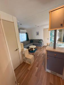 サント・クロワ・デュ・ヴェルドンにあるMerveilleux mobile homeのキッチン、リビングルーム(ソファ付)