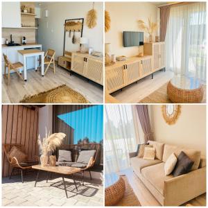 a collage of four pictures of a living room at Apartamentai Smilga in Palanga