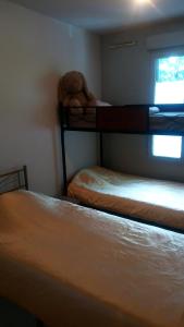 two bunk beds in a room with a window at Air-conditioned 2 bedroom duplex apartment 5 people in Villefranche-sur-Saône