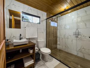 a bathroom with a toilet and a shower and a sink at Morro dos Chalés in Pomerode