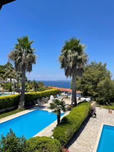 una piscina con palme in un resort di Villa Posidi with Private Pool and Sea View a Possidi