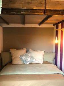 a bed with two pillows on top of it at Menerbes Luberon maison moderne clim piscine in Ménerbes +12 photos