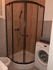 una ducha en un baño al lado de una lavadora en Stronska, en Wroclaw