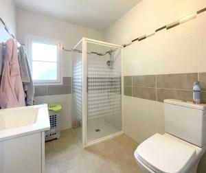 a bathroom with a shower and a toilet and a sink at Villa Ibisa in Angles