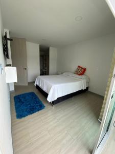 a bedroom with a bed and a blue rug at Apartamento in Pereira +9 photos