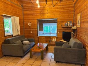 a living room with two couches and a tv at The calm west in Liman