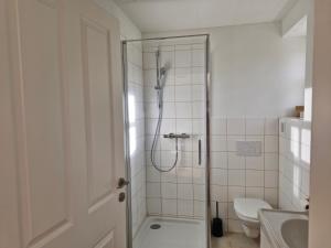 a bathroom with a shower and a toilet at The Garden Studio in Sankt Ruprecht an der Raab