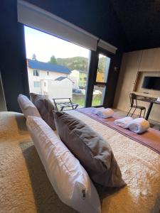 two beds in a room with a large window at Edificio Pantera - Soñar es crear in San Martín de los Andes