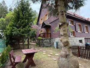 a picnic table and a tree in front of a house at Biały Jar Ski & Bike Apartamenty w Karpaczu przy wyciągu z widokiem in Karpacz