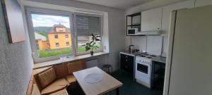 a small apartment kitchen with a table and a window at Monteurwohnung in Arzberg