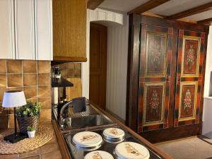 a kitchen with a sink and plates on a counter at Dahei am See in Oberhofen am Thunersee