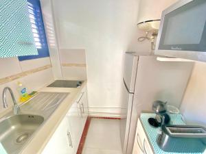 eine kleine Küche mit Spüle und Kühlschrank in der Unterkunft Studio Petite Plage - Pieds dans l'eau in Sainte-Anne